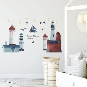 Cartoon lighthouse and seagull wall stickers for nursery decor in nautical theme
