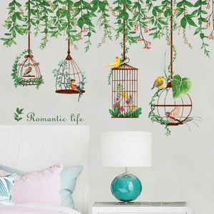 Pastoral wall sticker with birdcages, green vines and colorful birds for living room decor