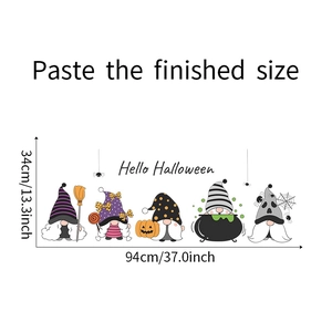 Detailed dimensions of Halloween gnome wall decals with pumpkin and wizard hat graphics