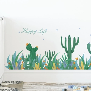 Cartoon Green Cactus Flower Wall Sticker Happy Life PVC Mural For Kids Room Bedroom Kindergarten Home Decoration Sticker