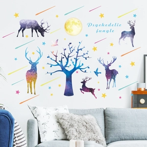 Nordic elk wall sticker set with psychedelic jungle star elements for home decor