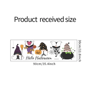 Detail layout showing Halloween gnome stickers with dimensions 30cm x 90cm on white background
