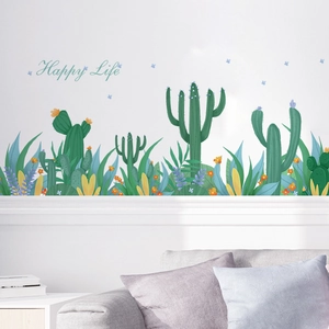 Cartoon cactus wall stickers with Happy Life text for living room baseboard decor