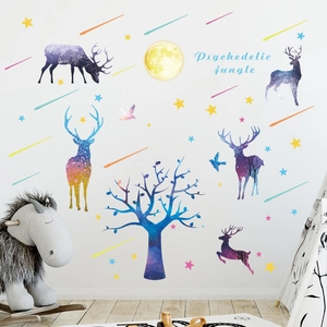 Nordic style reindeer wall decals with starry night forest and moon for home decor