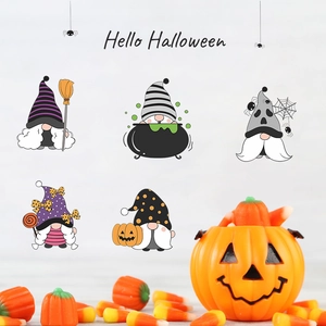 Halloween cartoon gnome stickers set with pumpkins and candy for window glass decoration