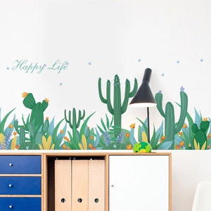Cartoon cactus wall stickers set with Happy Life text for nursery and home wall decor