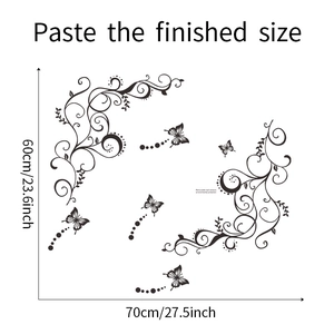 Detail of butterfly and vine wall sticker showing dimensions of 70x60cm for bedroom