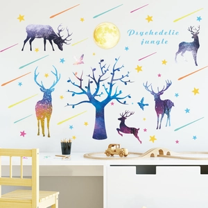 Nordic starry reindeer wall stickers with trees and moon for creative home decor
