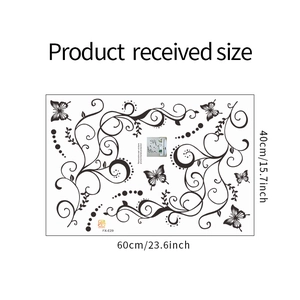 Detailed size specifications for black vine and butterfly wall stickers model FX-E29