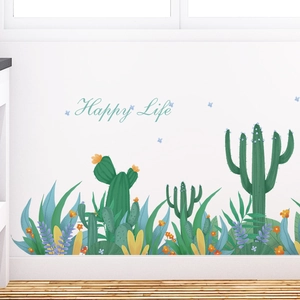 Cartoon cactus wall sticker with green plants and Happy Life text for nursery wall decor