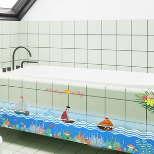Cartoon sailing ship and coral reef ocean theme self-adhesive wall stickers for bathroom decor