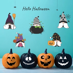 Detail of five Halloween gnome stickers featuring witch hats, pumpkins, and candy designs