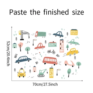 Detailed view showing the finished paste dimensions of cartoon car wall stickers