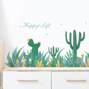 Self-adhesive watercolor cactus wall decals with Happy Life text for home decoration
