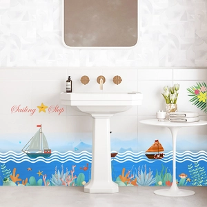 Nautical wall stickers featuring ocean waves, sailboats, and sea creatures for bathroom decor
