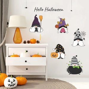 Halloween gnome wall stickers with pumpkin and spider motifs for festive home decoration