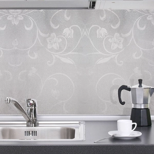 Silver kitchen oil-proof wall sticker with floral pattern on backsplash near faucet