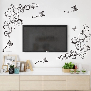 Floral butterfly wall decals with black vine pattern for bedroom and living room decor