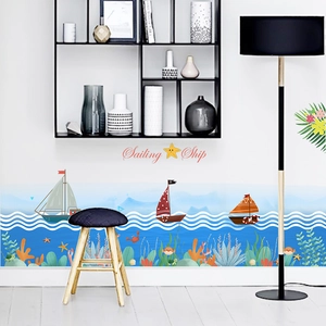 Cartoon nautical sailboat wall stickers with colorful sea life for nursery decor