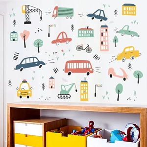 Cartoon vehicle wall decals featuring cars and cranes for nursery room decor