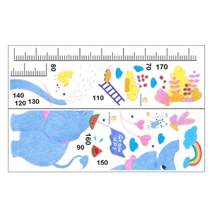 Detailed view of elephant height chart wall decal with colorful scales and birds