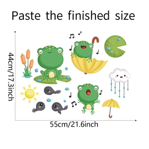 Detailed view of frog and tadpole wall decals showing a 55cm x 44cm layout size