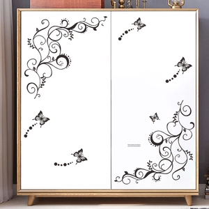Elegant black butterfly floral vine PVC wall stickers on white wooden cabinet doors