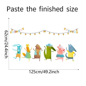 Détail des stickers muraux animaux dansants avec dimensions de 62 cm par 125 cm