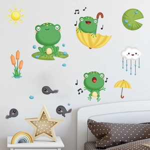 Cute cartoon frog and tadpole self-adhesive wall stickers for nursery and kids room decor