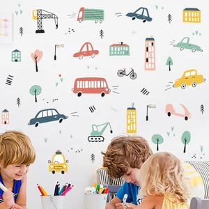 Cartoon vehicle and building wall stickers in soft colors for kids bedroom decoration
