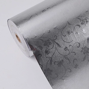 Self-adhesive silver kitchen wallpaper roll with elegant black floral pattern texture