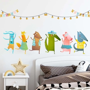 Stickers muraux animaux dansants avec guirlandes colorées pour chambre d'enfant