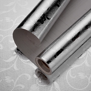 Silver Aluminum Foil Kitchen Oil-Proof Sticker Waterproof Self-Adhesive PET Wall Sticker Embossed Floral Pattern Cabinet Liner