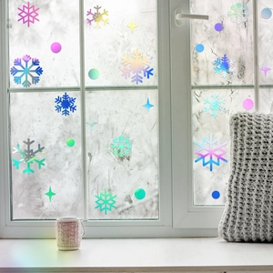Holographic snowflake window decals for glass with colorful laser rainbow effect
