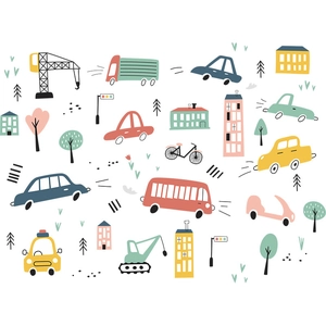 Cartoon city transport wall stickers with red bus, cars, buildings for kids room decoration