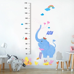 Cartoon elephant height growth chart wall sticker with rainbow and 70-170cm scale