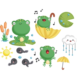 Cute green cartoon frog and tadpole wall stickers for nursery and kids' room decor