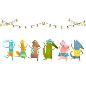 Stickers muraux animaux dansants avec lapin renard et ours pour chambre d'enfant