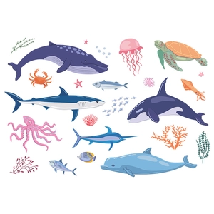Flat vector collection of sea creatures including whales, sharks, and turtles for wall decor