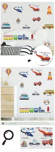 Detail view of colorful cartoon vehicle wall stickers with English labels for kids rooms