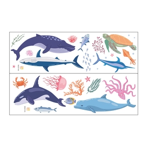 Detail layout of cartoon ocean life wall stickers featuring whales and sea turtles