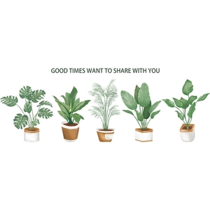 Detail of five green potted plant wall decals featuring realistic monstera and palm leaves