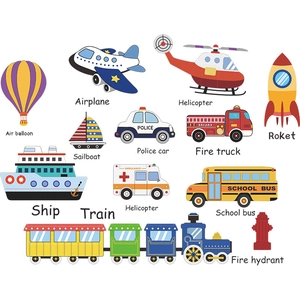 Detailed sheet of cartoon vehicle wall decals including planes, ships, and cars