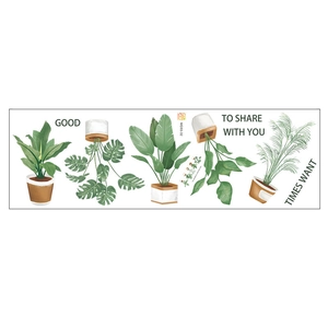 Detail of PVC wall stickers featuring watercolor potted plants and Monstera leaves