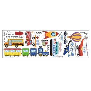 Detailed stickers set featuring colorful cartoon transport icons like school bus and train