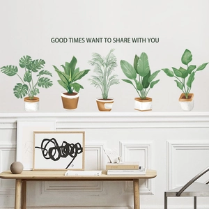 Self-adhesive PVC wall stickers with potted green plants and Good Times text decor