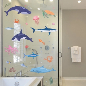 Self-adhesive ocean world wall stickers with whales, sharks and coral for kids bathroom