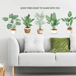 DIY removable PVC wall stickers featuring five varieties of green potted plants in clay pots
