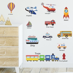 Cartoon transportation wall decals with airplane, ship and train for kids bedroom decor