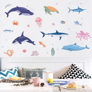 Cartoon ocean world wall stickers featuring whales and sea turtles for kids' room decor